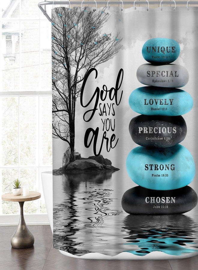 MESHELLY Zen Teal Bible Verse Shower Curtain 60Wx72H Gray Tree Scriptures Positive Spa Yoga Relaxing Meditation Christian Quotes Bathroom Curtain Inspirational Bathroom Decor Fabric with 12 Hooks - Image 1