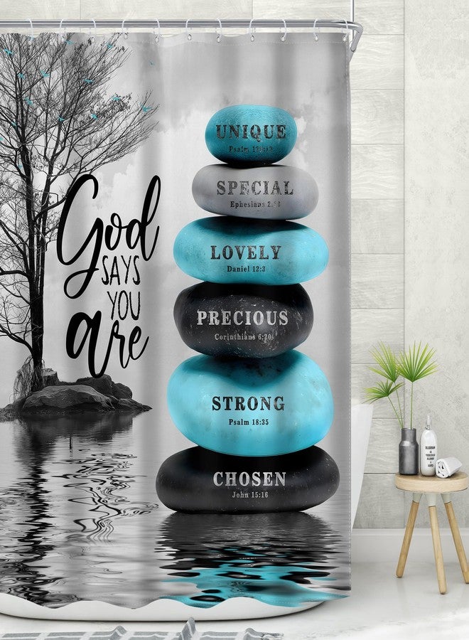 MESHELLY Zen Teal Bible Verse Shower Curtain 60Wx72H Gray Tree Scriptures Positive Spa Yoga Relaxing Meditation Christian Quotes Bathroom Curtain Inspirational Bathroom Decor Fabric with 12 Hooks - Image 3