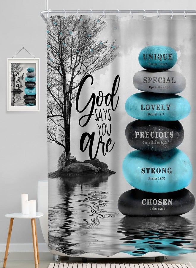 MESHELLY Zen Teal Bible Verse Shower Curtain 60Wx72H Gray Tree Scriptures Positive Spa Yoga Relaxing Meditation Christian Quotes Bathroom Curtain Inspirational Bathroom Decor Fabric with 12 Hooks - Image 2