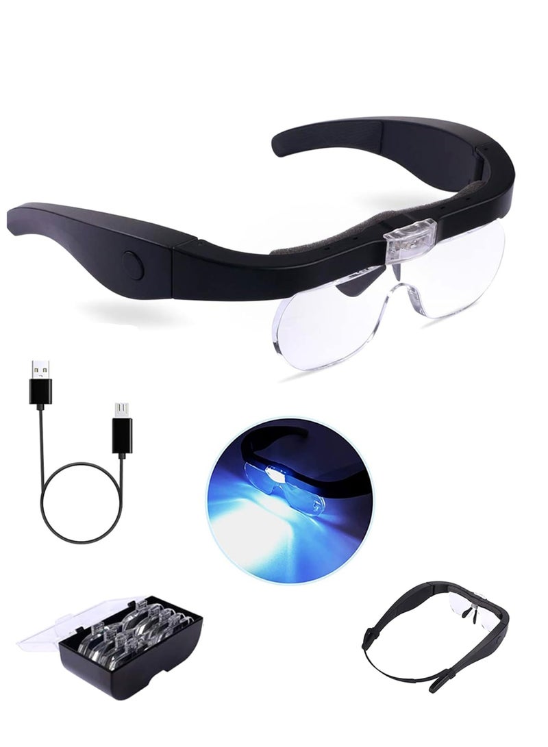 Head Magnifier Glasses with 2 LED Lights, USB Rechargeable, Hands-Free, 4 Detachable Lenses 1.5X, 2.5X, 3.5X, 5X Magnification for Hobbies and Craft Work - Image 1