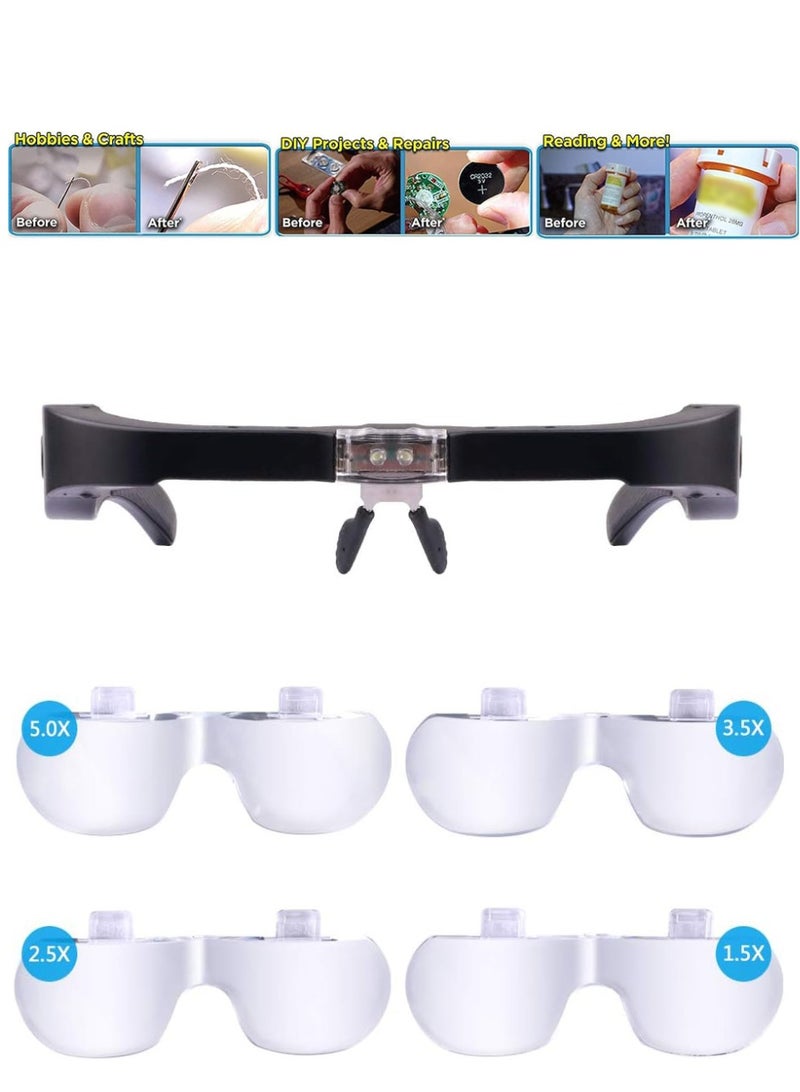 Head Magnifier Glasses with 2 LED Lights, USB Rechargeable, Hands-Free, 4 Detachable Lenses 1.5X, 2.5X, 3.5X, 5X Magnification for Hobbies and Craft Work - Image 2