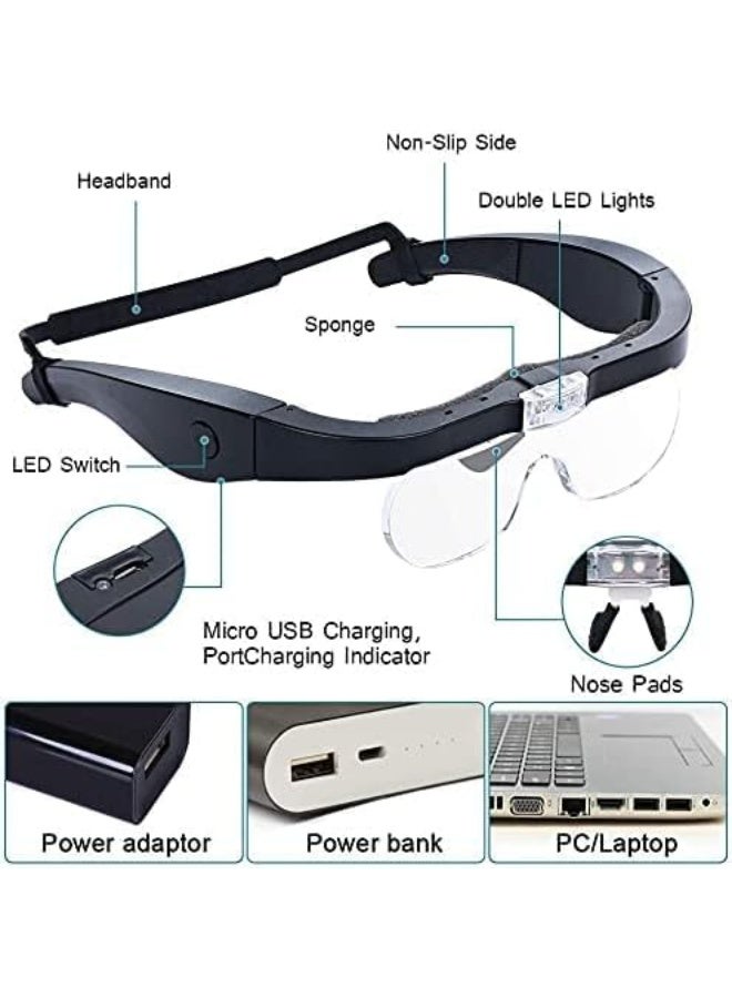 Head Magnifier Glasses with 2 LED Lights, USB Rechargeable, Hands-Free, 4 Detachable Lenses 1.5X, 2.5X, 3.5X, 5X Magnification for Hobbies and Craft Work - Image 5