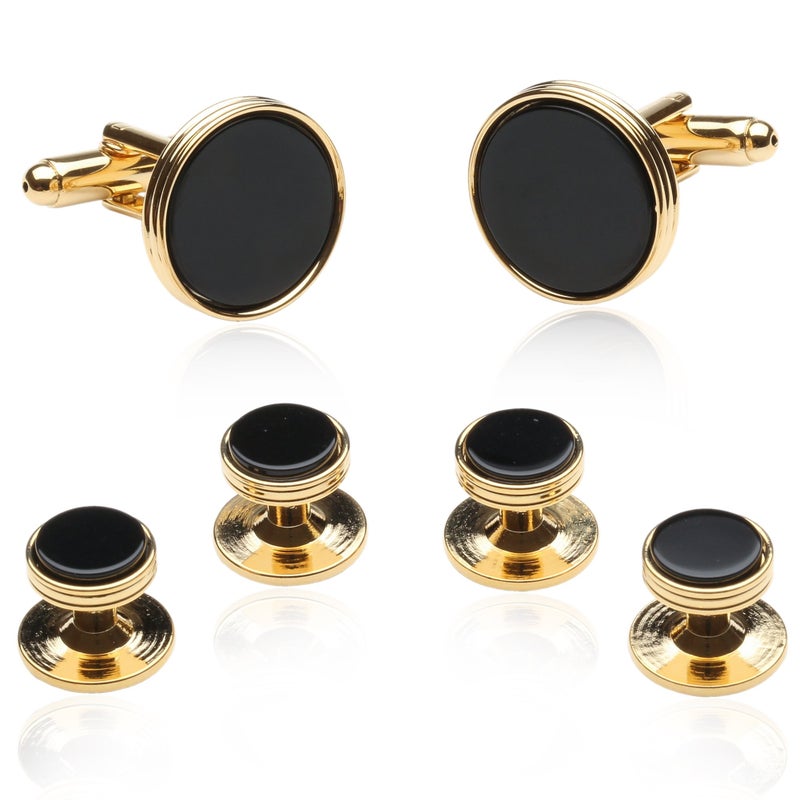 Cuff-Daddy Black Onyx and Gold Tone Cufflinks and Studs with Presentation Idea Box - 5/8" cufflinks, 3/8" studs Black Gold Cufflinks and Studs - Unique Men's Accessories for Wedding - Image 1