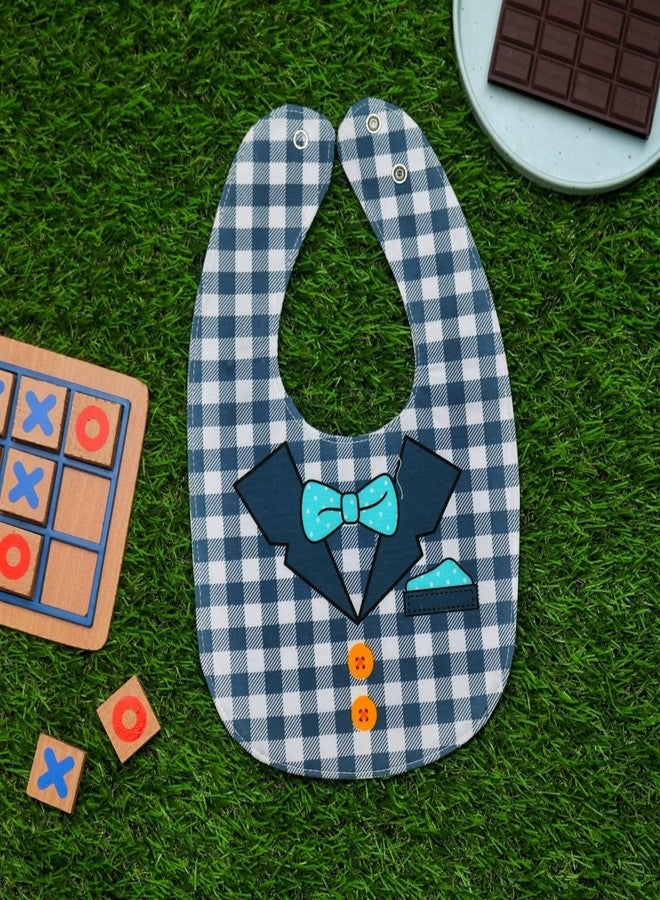 Yellow Bee Cotton Checks with Collar and Bow Pattern Reversible Bib with Double Closure and Button for Boys, Dark Blue, 6-18 Months - Image 2
