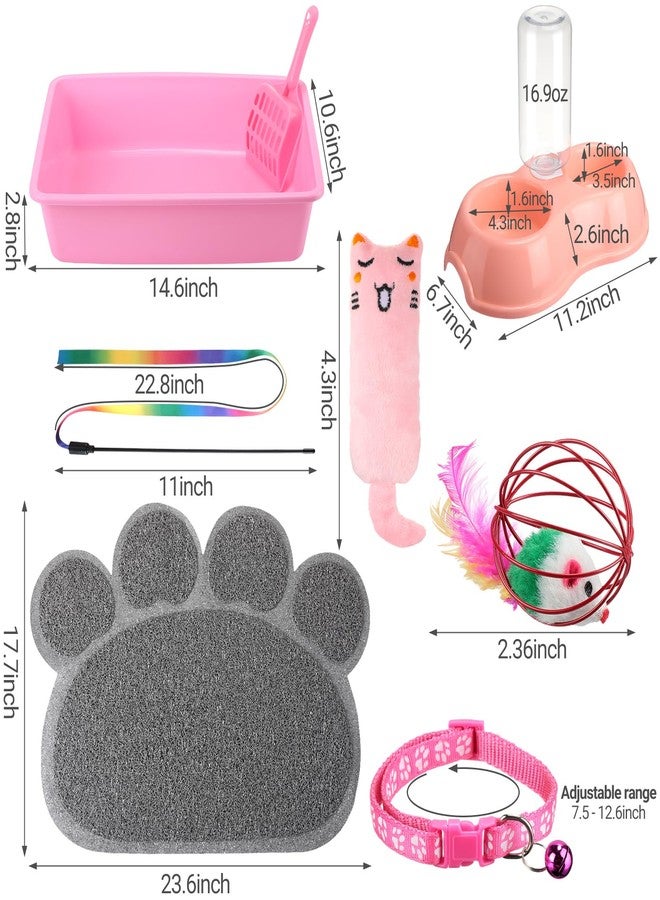 Tioncy 7 Pcs Small Cat Kitten Starter Kit - Litter Box, Paw Mat, Double Bowls, Toy Teaser Stick, Collar - Essentials Kit for 1-3 Lbs Beginner (Pink) - Image 2