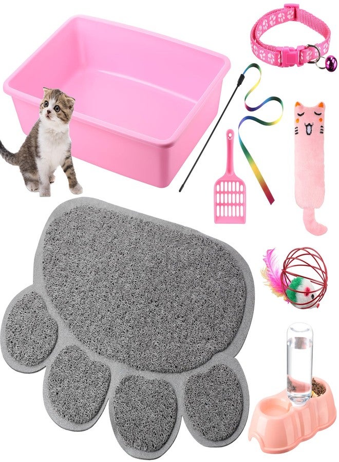 Tioncy 7 Pcs Small Cat Kitten Starter Kit - Litter Box, Paw Mat, Double Bowls, Toy Teaser Stick, Collar - Essentials Kit for 1-3 Lbs Beginner (Pink) - Image 1