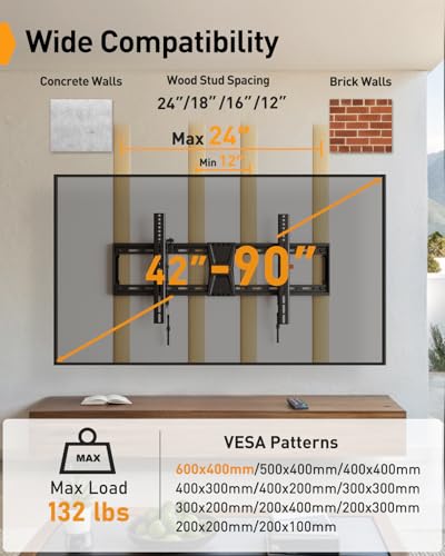 Perlegear Tilting TV Wall Mount for 42-90 TVs with Leveling Adjustment, Max VESA 800x400mm，Fits Most 65 75 85 86 Inch Low-Profile TV Mount Wall Bracket up to 132 lbs, Fits 12"/16"/18"/24" Studs - Image 2