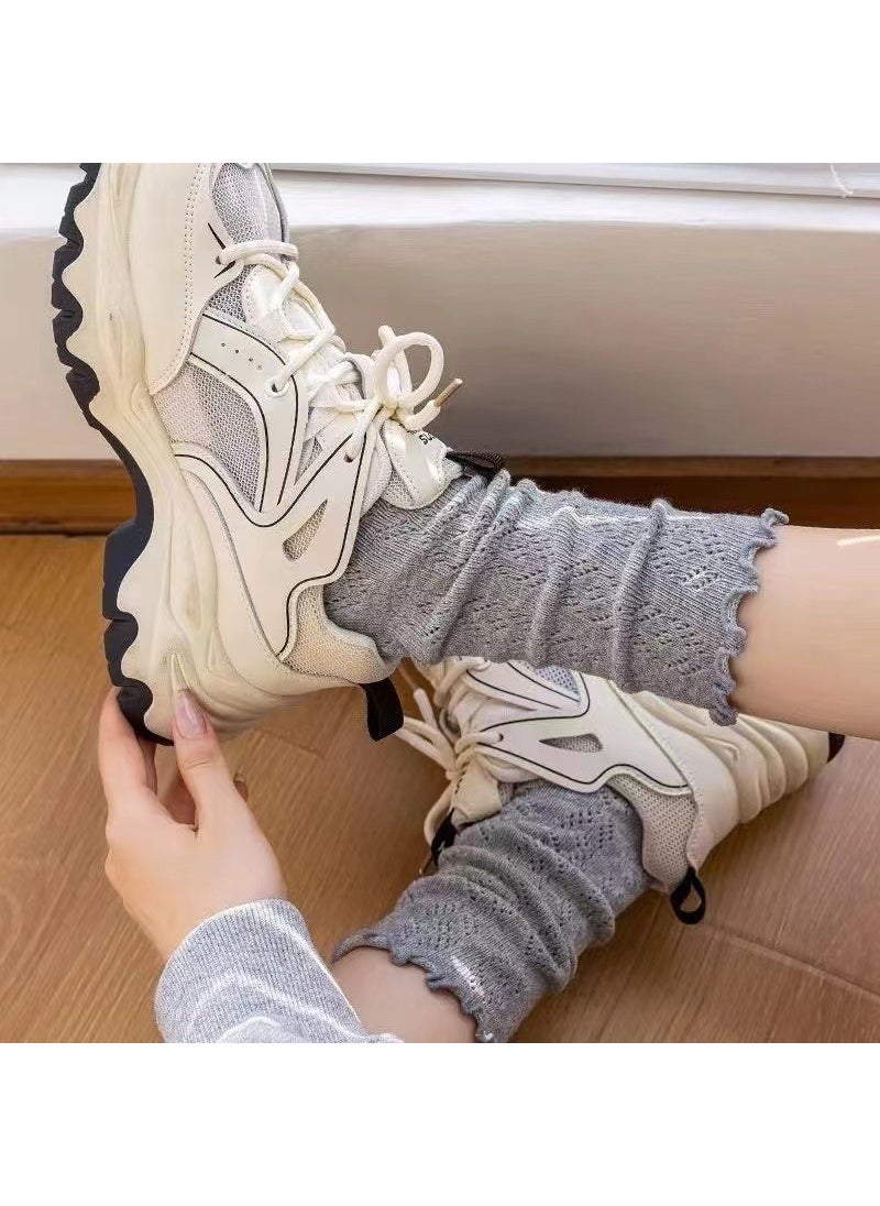 Generic - Retro Hollow Mesh Womens Socks Mid-Calf Lace Ruffled Grey - Image 1