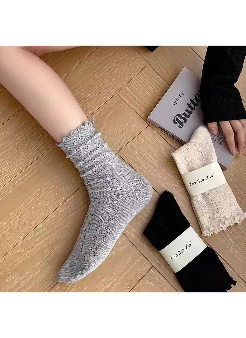 Generic - Retro Hollow Mesh Womens Socks Mid-Calf Lace Ruffled Grey - Image 1