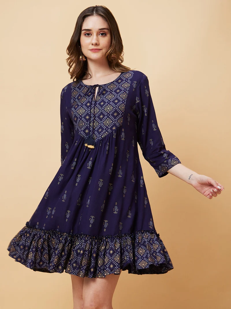 globus Globus Women Printed Yoke Design Gathered & Flared A-Line Dress
