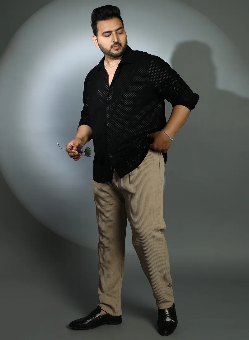 Instafab Plus Instafab Plus Men's Onyx Black Shard Imprint Shirt For Casual Wear | Spread Collar | Long Cuffed Sleeves | Button Closure | Plus Size Shirt Crafted With Comfort Fit For Everyday Wear