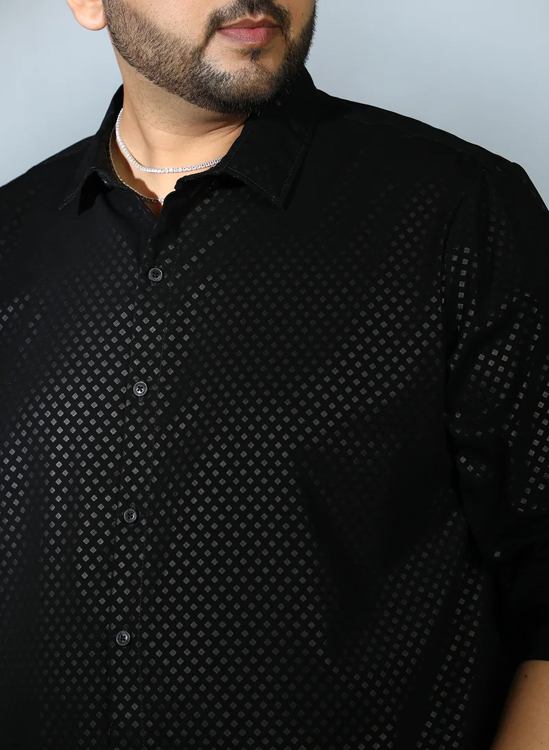 Instafab Plus Instafab Plus Men's Onyx Black Shard Imprint Shirt For Casual Wear | Spread Collar | Long Cuffed Sleeves | Button Closure | Plus Size Shirt Crafted With Comfort Fit For Everyday Wear
