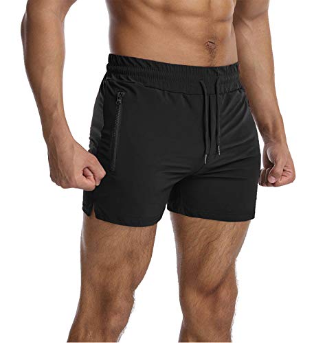 EVERWORTH Men's Bodybuilding Gym Shorts Lightweight Workout Running Short Fitted Quick Dry Lifting Shorts with Zipper Pockets Black XL - Image 1