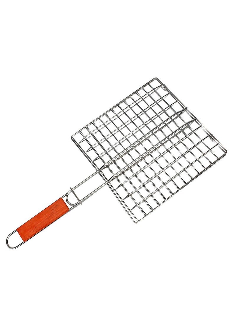 Olpad olpad Portable Barbecue BBQ Grill Net Basket Roast Grilling Tray Chromium Plated with Wooden Handle Pack of 1Small  - Image 1