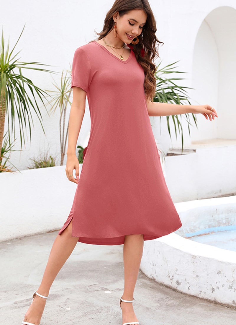 VOBCTY Tshirt Dress for Women Casual Stretchy Short Sleeve V Neck Solid Dresses Rose Large - Image 4