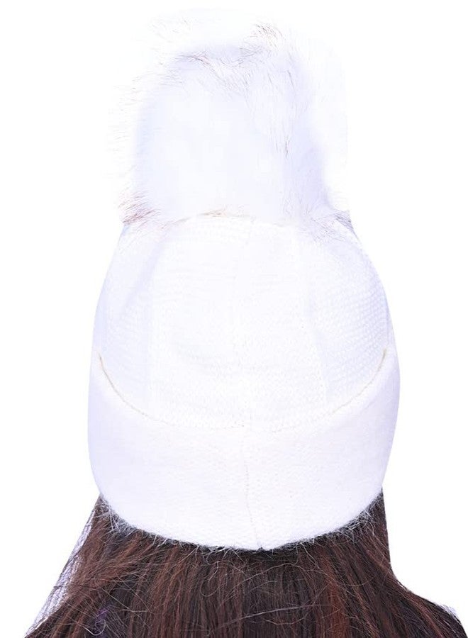 Dressify® Women's Faux Fur Warm Winter Knitted Beanie Caps I Hats That Head with Ear, Warmer Bal Pom Pom Cap, White Color - Image 4