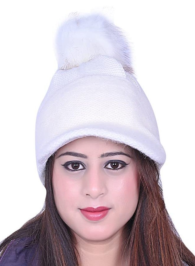 Dressify® Women's Faux Fur Warm Winter Knitted Beanie Caps I Hats That Head with Ear, Warmer Bal Pom Pom Cap, White Color - Image 2
