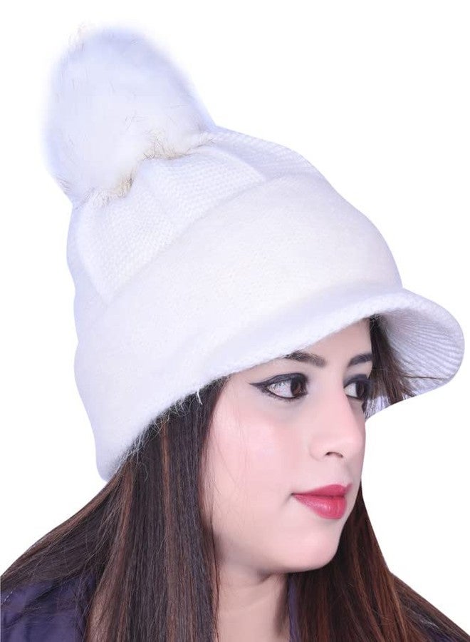 Dressify® Women's Faux Fur Warm Winter Knitted Beanie Caps I Hats That Head with Ear, Warmer Bal Pom Pom Cap, White Color - Image 1
