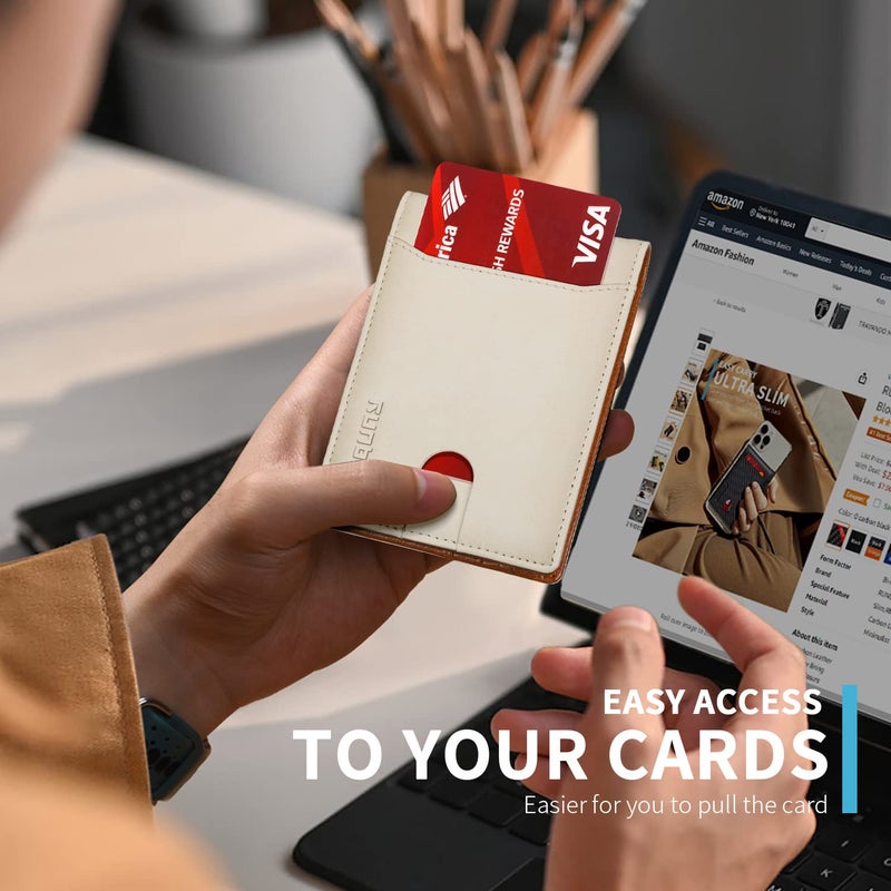 RUNBOX Slim Wallet for Men Minimalist Leather Bifold RFID Blocking with Gift Box White & Brown - Image 4