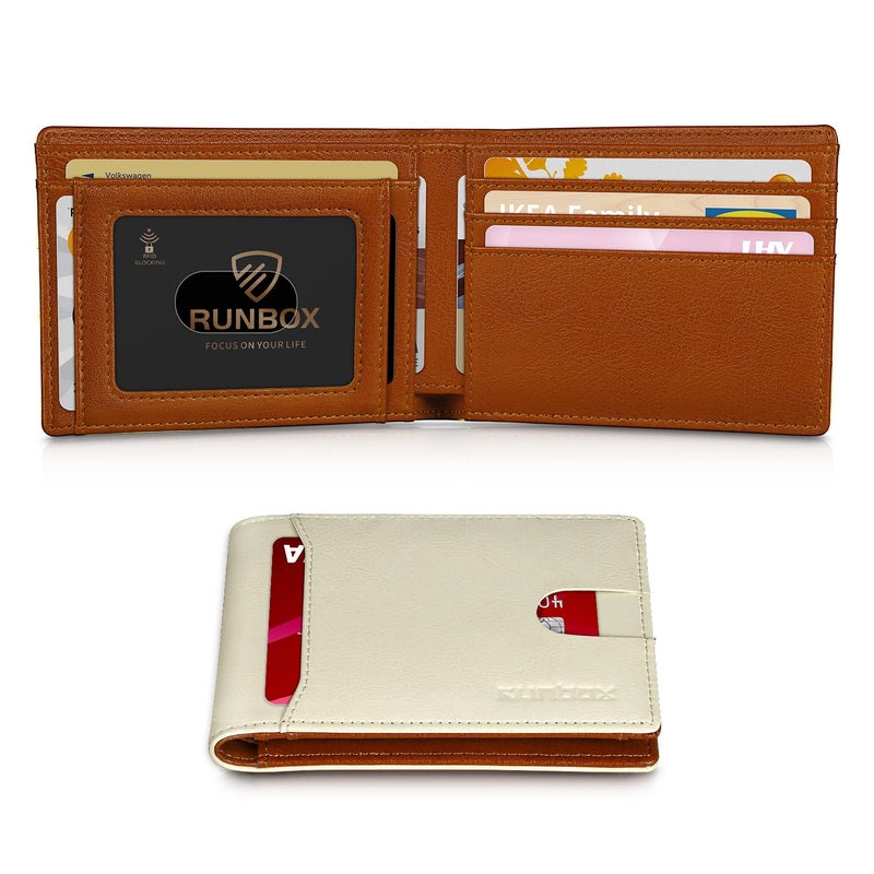 RUNBOX Slim Wallet for Men Minimalist Leather Bifold RFID Blocking with Gift Box White & Brown - Image 1