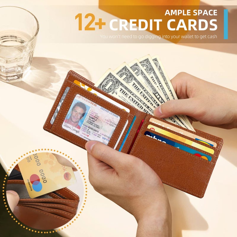 RUNBOX Slim Wallet for Men Minimalist Leather Bifold RFID Blocking with Gift Box White & Brown - Image 2