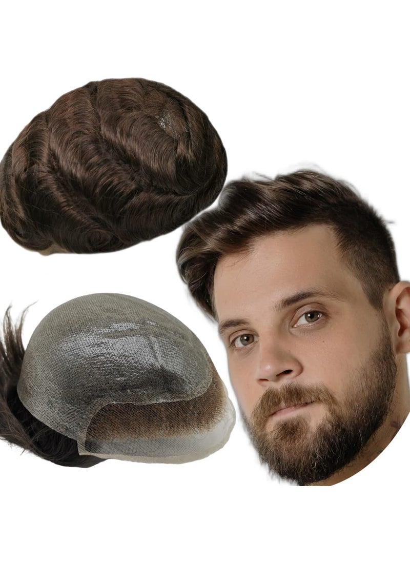 YANAHAIR - Toupee for Men men hair pieces Mens Toupee Wavy Human Hair Replacement System 100 European Real Human Hair Men Lace Hair System Fine French Lace Front with PU Base SLF 2 Dark Brown - Image 1