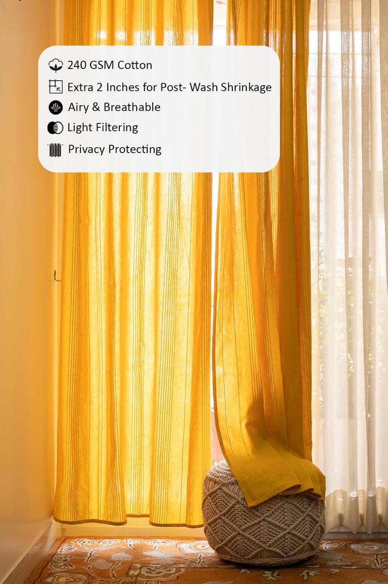 RANGBHAR Handloom Cotton Semi Sheer Curtains For Door Cotton Semi Sheer Curtains 7 Feet Long Set Of 2 With Eyelets Solid Yellow Door7 Feet X 4 Feet - Image 3