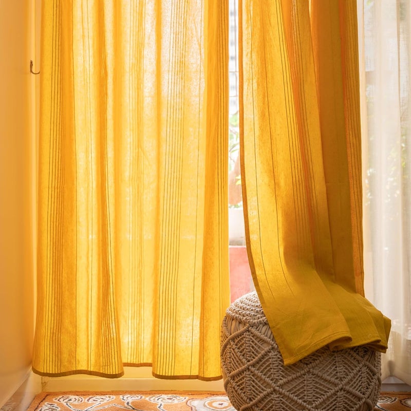 RANGBHAR Handloom Cotton Semi Sheer Curtains For Door Cotton Semi Sheer Curtains 7 Feet Long Set Of 2 With Eyelets Solid Yellow Door7 Feet X 4 Feet - Image 1
