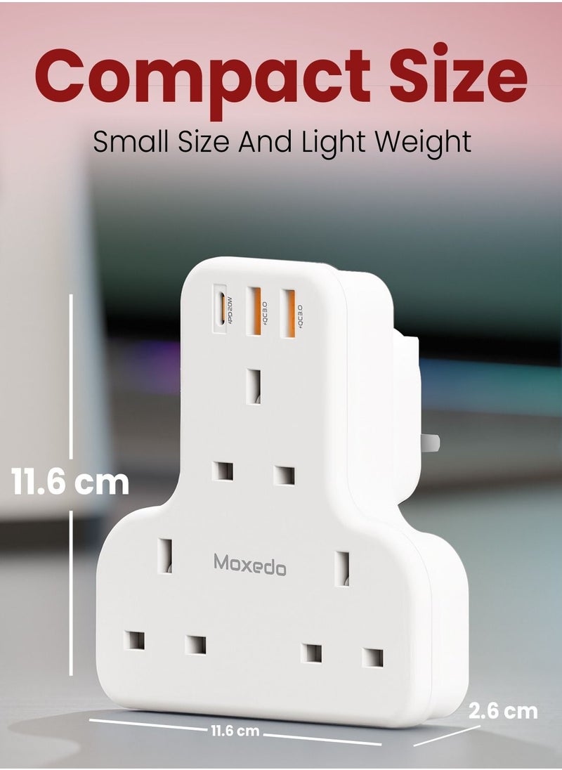 Moxedo محول تمديد الطاقة Moxedo 6 في 1 بمقبس المملكة المتحدة مع منفذي USB-A وشحن سريع 20 وات USB TYPE-C PD 3.0، منفذ تمديد كهربائي ثلاثي الاتجاهات للمنزل والمدرسة والمكتب  - Image 2