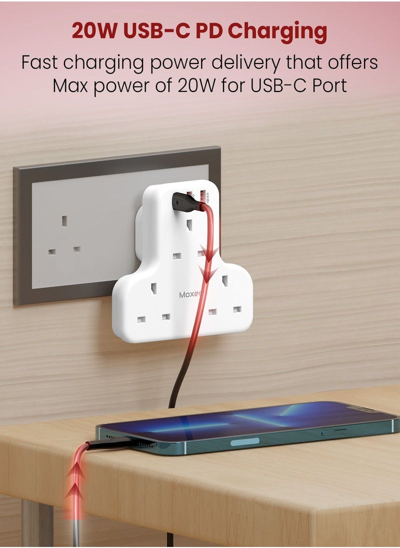 Moxedo محول تمديد الطاقة Moxedo 6 في 1 بمقبس المملكة المتحدة مع منفذي USB-A وشحن سريع 20 وات USB TYPE-C PD 3.0، منفذ تمديد كهربائي ثلاثي الاتجاهات للمنزل والمدرسة والمكتب  - Image 3