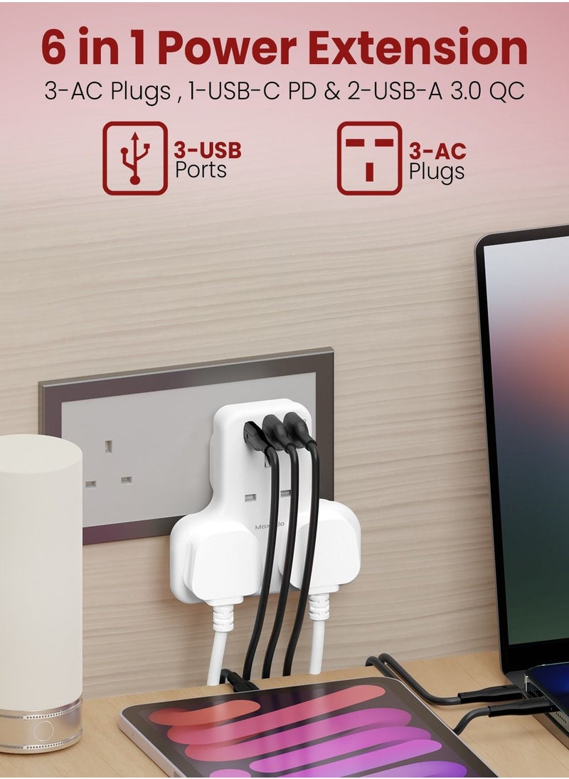 Moxedo محول تمديد الطاقة Moxedo 6 في 1 بمقبس المملكة المتحدة مع منفذي USB-A وشحن سريع 20 وات USB TYPE-C PD 3.0، منفذ تمديد كهربائي ثلاثي الاتجاهات للمنزل والمدرسة والمكتب  - Image 4
