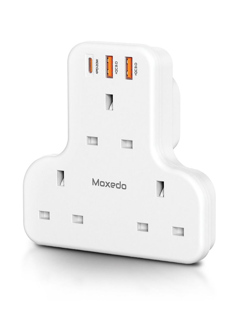 Moxedo محول تمديد الطاقة Moxedo 6 في 1 بمقبس المملكة المتحدة مع منفذي USB-A وشحن سريع 20 وات USB TYPE-C PD 3.0، منفذ تمديد كهربائي ثلاثي الاتجاهات للمنزل والمدرسة والمكتب  - Image 1
