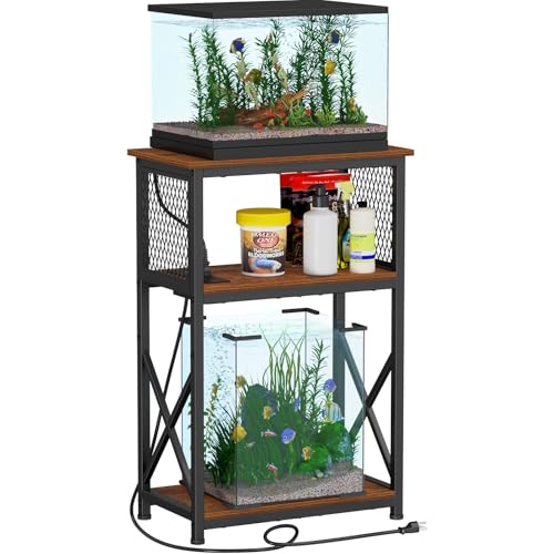 Snughome 10 Gallon Fish Tank Stand with Power Outlets, Aquarium Stand with Storage, 3 Tier Heavy Metal Reptile Tank Stand Fish Tank Shelf 20.47" x 11.42" x 30.91", Rustic Brown - Image 1