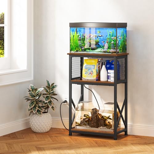 Snughome 10 Gallon Fish Tank Stand with Power Outlets, Aquarium Stand with Storage, 3 Tier Heavy Metal Reptile Tank Stand Fish Tank Shelf 20.47" x 11.42" x 30.91", Rustic Brown - Image 3