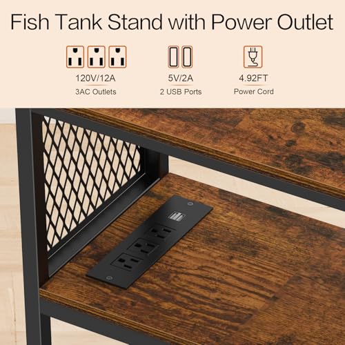 Snughome 10 Gallon Fish Tank Stand with Power Outlets, Aquarium Stand with Storage, 3 Tier Heavy Metal Reptile Tank Stand Fish Tank Shelf 20.47" x 11.42" x 30.91", Rustic Brown - Image 4