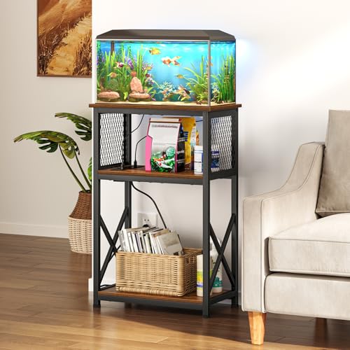 Snughome 10 Gallon Fish Tank Stand with Power Outlets, Aquarium Stand with Storage, 3 Tier Heavy Metal Reptile Tank Stand Fish Tank Shelf 20.47" x 11.42" x 30.91", Rustic Brown - Image 2