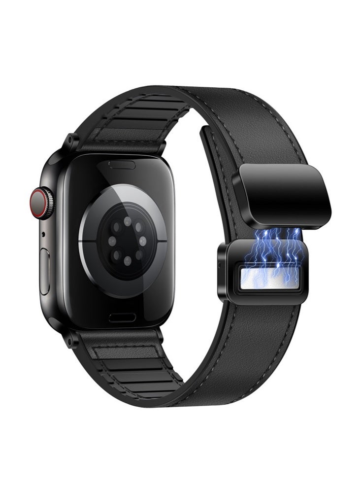 X-level Magnetic Leather Bands Compatible with Apple Watch 49mm 46mm 45mm 44mm for Men Women, Genuine Leather with Magnetic Buckle for iWatch Ultra 1/2 Series SE/10/9/8/7/6/5/4/3 （Black） - Image 1