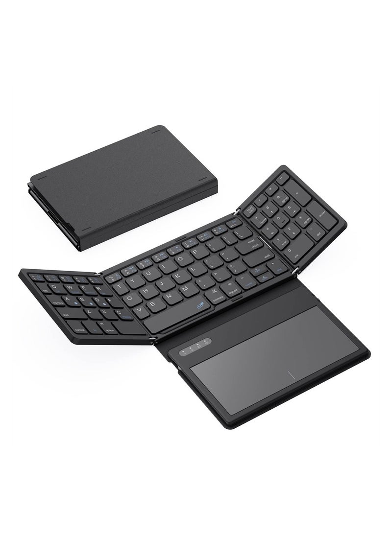 Foldable Bluetooth Keyboard, Portable Full Size Bluetooth Keyboard with Large Touchpad, Rechargeable Tri-Folding Ultra Slim Travel Keyboard for Windows iOS Android Mac, Sync up to 3 Devices
