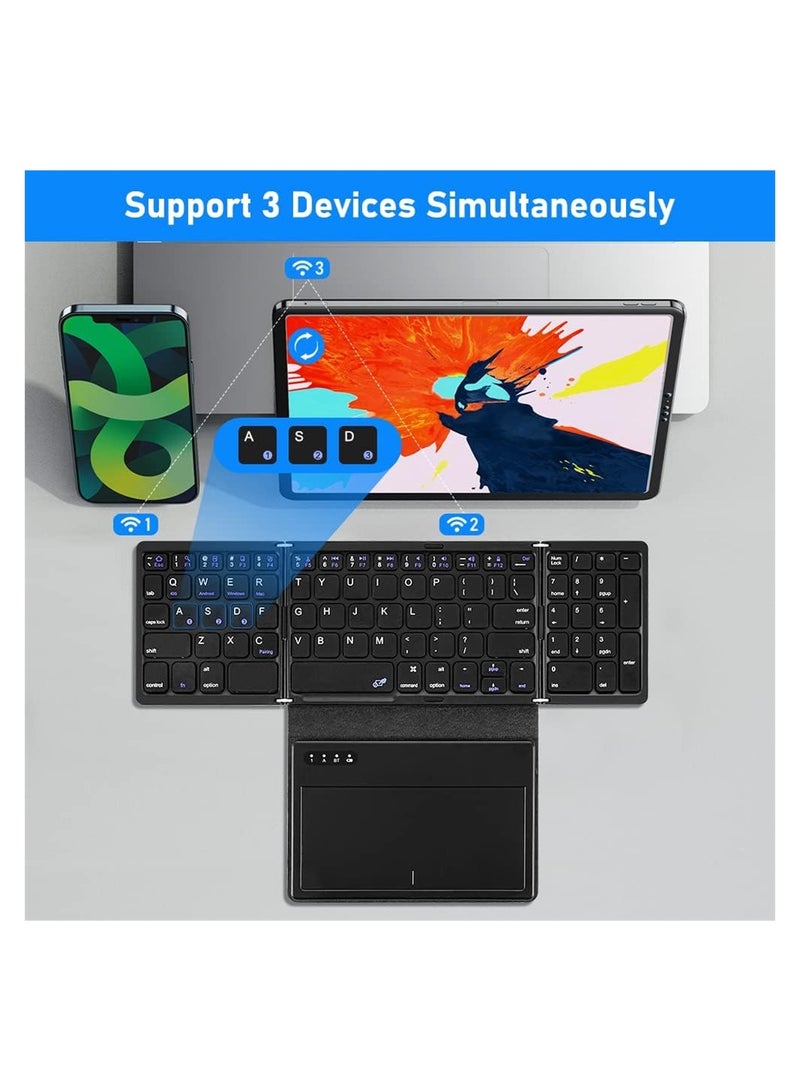 Foldable Bluetooth Keyboard, Portable Full Size Bluetooth Keyboard with Large Touchpad, Rechargeable Tri-Folding Ultra Slim Travel Keyboard for Windows iOS Android Mac, Sync up to 3 Devices