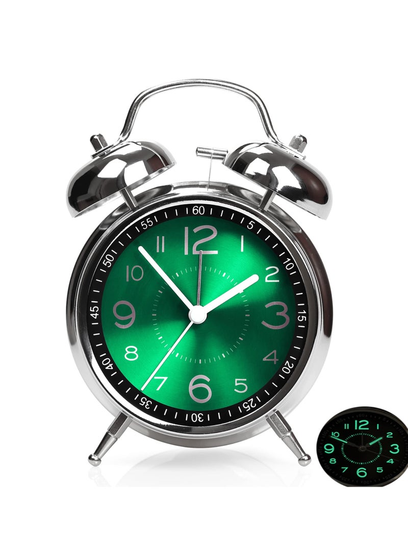 Super Alarm Clock Suitable For Adult Heavy Sleepers, Dual Bell Retro 4-Inch Silent Non Ticking Quartz With Backlight, Metal Dial, Bedroom Bedside Alarm Clock (Green)  - Image 1