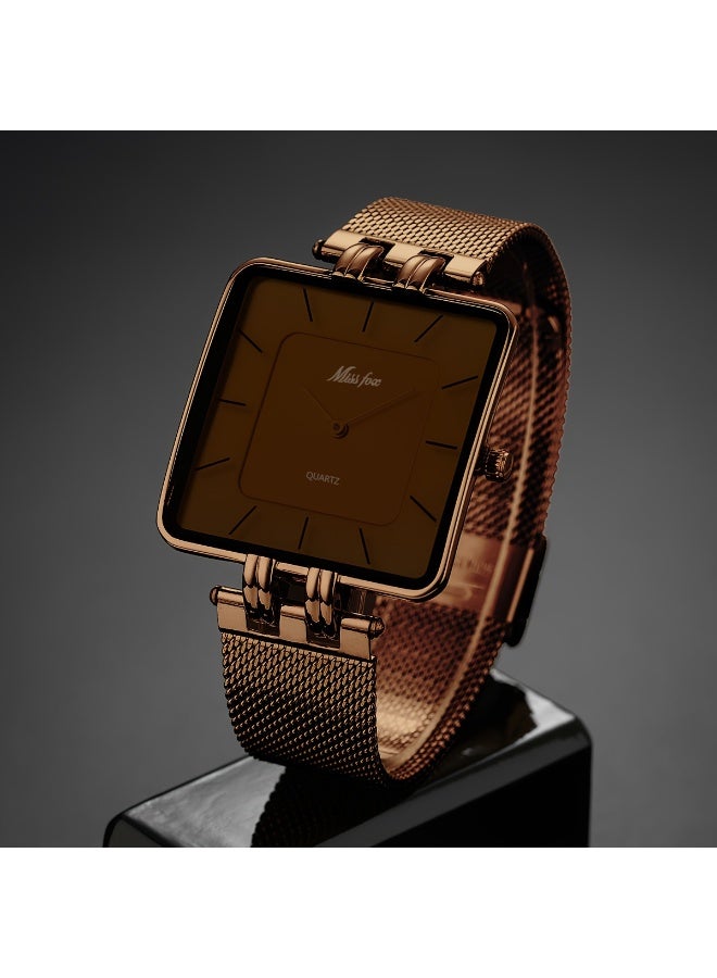 MISSFOX Fashion Trendy Men's Minimalist Square Stainless Steel Mesh Strap Golden Color Watch