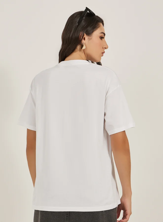 Styli Slogan Print Round Neck Oversized T-Shirt