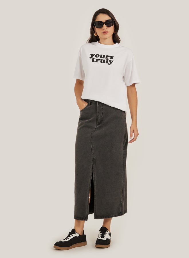 Styli Slogan Print Round Neck Oversized T-Shirt - Image 1