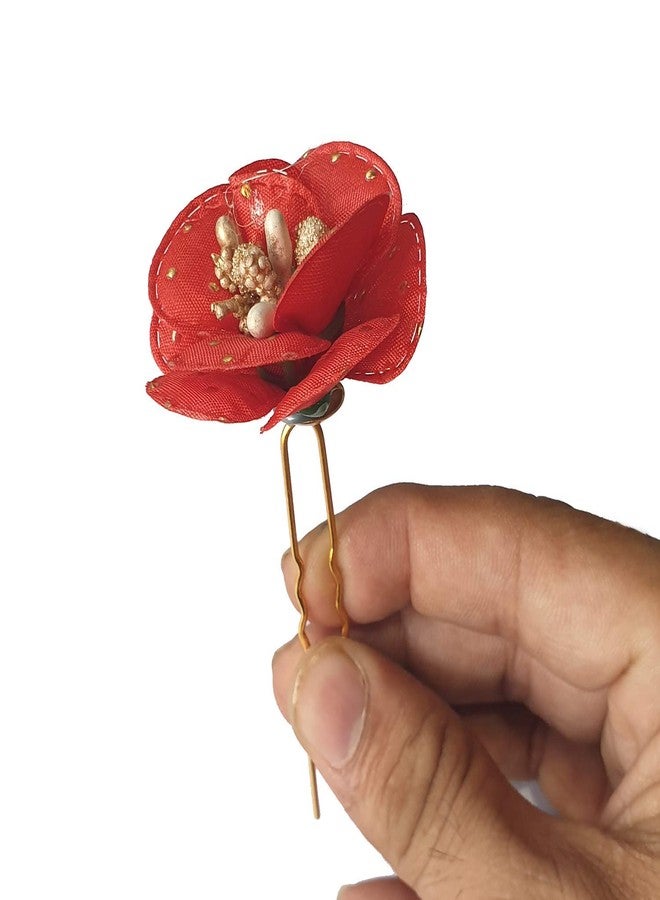 Rubela Jura Pins For Hair Flower Fancy Bun Metal, Jura Pins Red Rose Hair Accessories/Fancy Juda Pins For Bun Decoration/Juda Pins For Women And Girls (Red Rose Flower) Pack Of 10 - Image 3