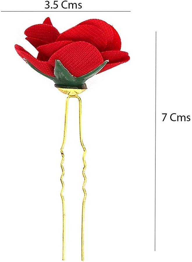 Rubela Jura Pins For Hair Flower Fancy Bun Metal, Jura Pins Red Rose Hair Accessories/Fancy Juda Pins For Bun Decoration/Juda Pins For Women And Girls (Red Rose Flower) Pack Of 10 - Image 2