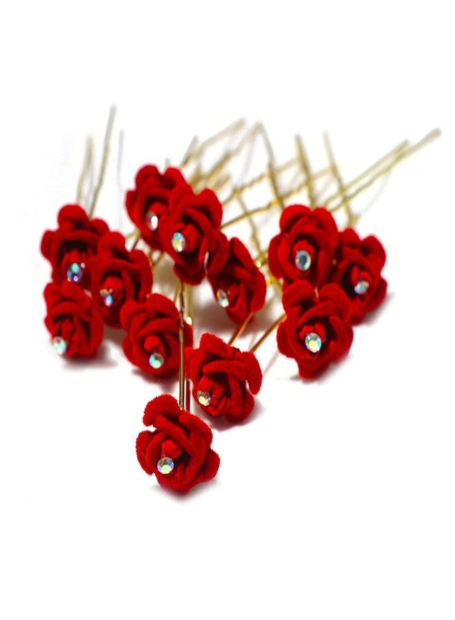 Rubela Jura Pins For Hair Flower Fancy Bun Metal, Jura Pins Red Rose Hair Accessories/Fancy Juda Pins For Bun Decoration/Juda Pins For Women And Girls (Red Rose Flower) Pack Of 10 - Image 1