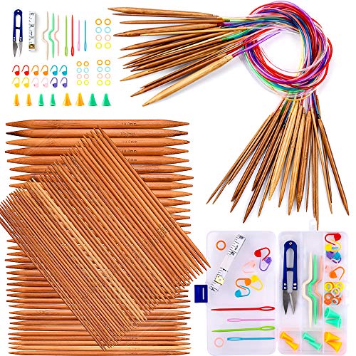 Exquiss Bamboo Knitting Needles Set - 18 Pairs Circular, 75PCS Double Pointed, Crochet Kits Included, Sizes 2mm-10mm, Length 31.5"&7.9" - Image 1