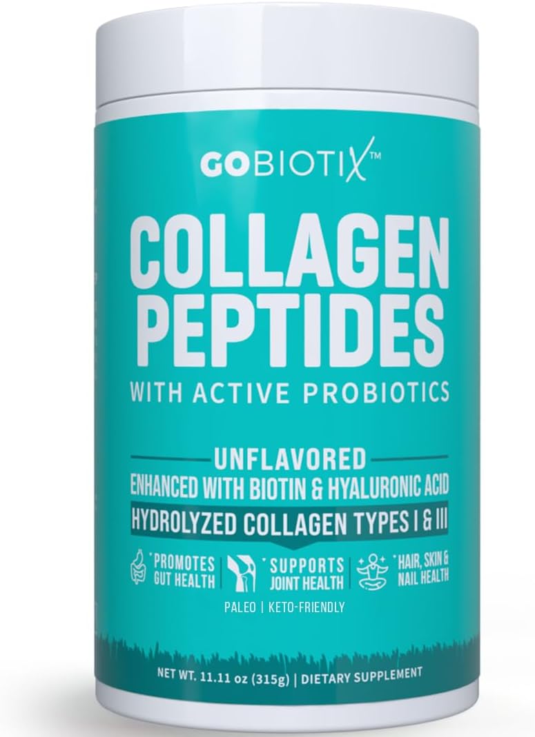 GOBIOTIX Collagen Powder Supplement with Probiotics  Hydrolyzed Protein Collagen Powder for Women  Hair Skin and Nails Joint and Digestive Health  Collagen Peptides Type I and III  30 Servings - Image 1