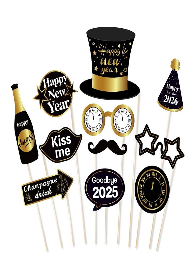 Lide Road 25Pcs New Years Eve Photo Booth Props | 2026 New Years Photo Booth Props with Stick NYE Theme Selfie Props | Gold Glitter New Years Eve Party Supplies - Image 4