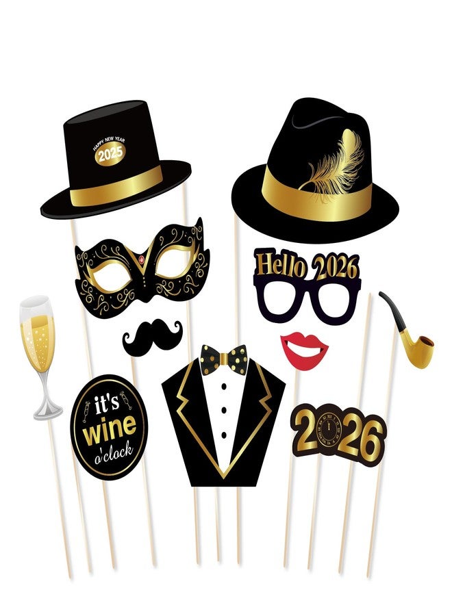 Lide Road 25Pcs New Years Eve Photo Booth Props | 2026 New Years Photo Booth Props with Stick NYE Theme Selfie Props | Gold Glitter New Years Eve Party Supplies - Image 3